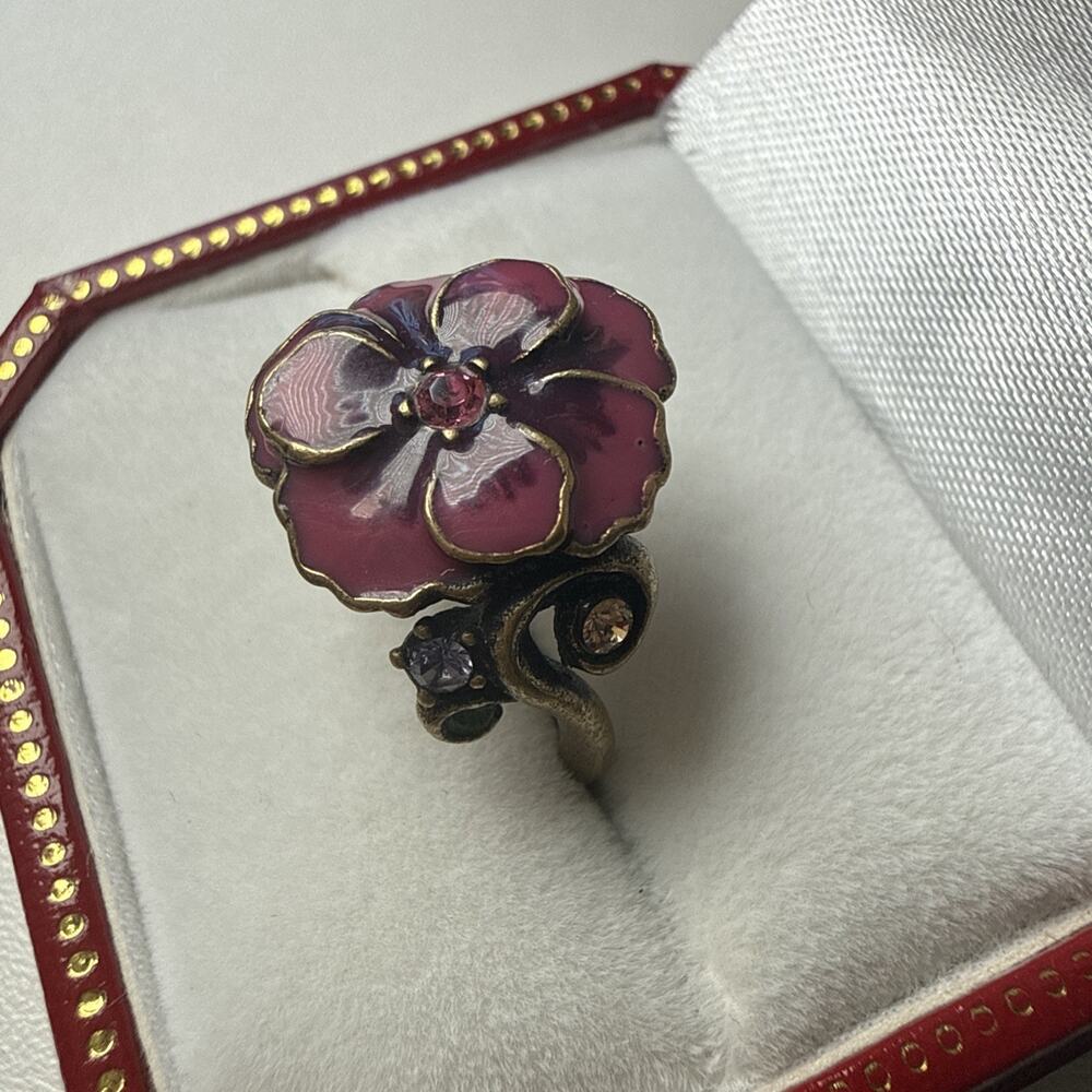 Vintage Anna Sui Enamel Pansy Flower Ring Y2K Goth Whimsigoth Pink Purple 6.5